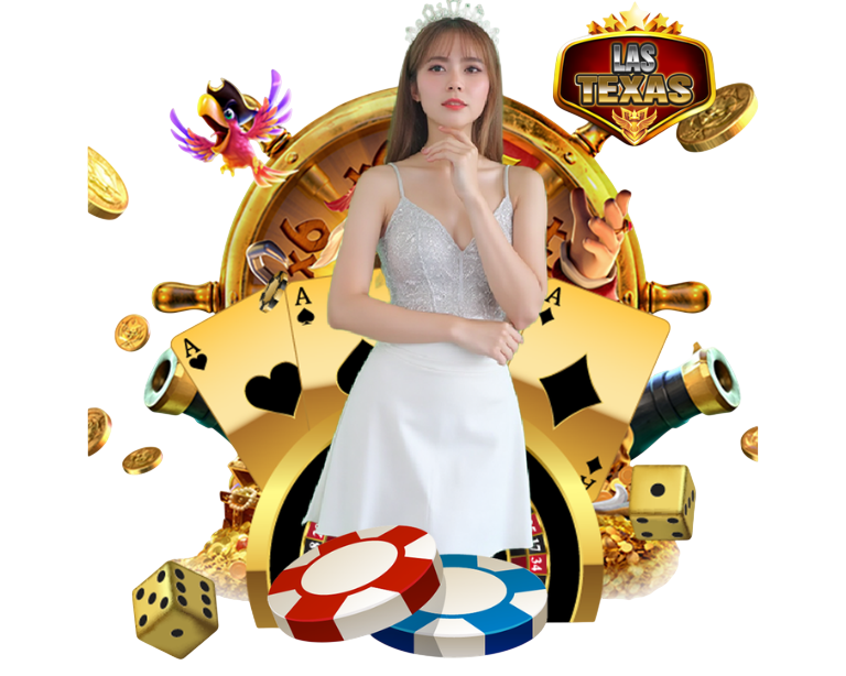 พรีเซนเตอร์หญิงชุดขาวยืนหน้ากองเหรียญทองและสัญลักษณ์เกม พร้อมโลโก้เว็บคาสิโนด้านบน